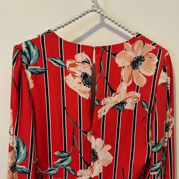 Express Women Dress small Red Floral Long Sleeve Mini Surplice wrap Lined fairy - Picture 10 of 13